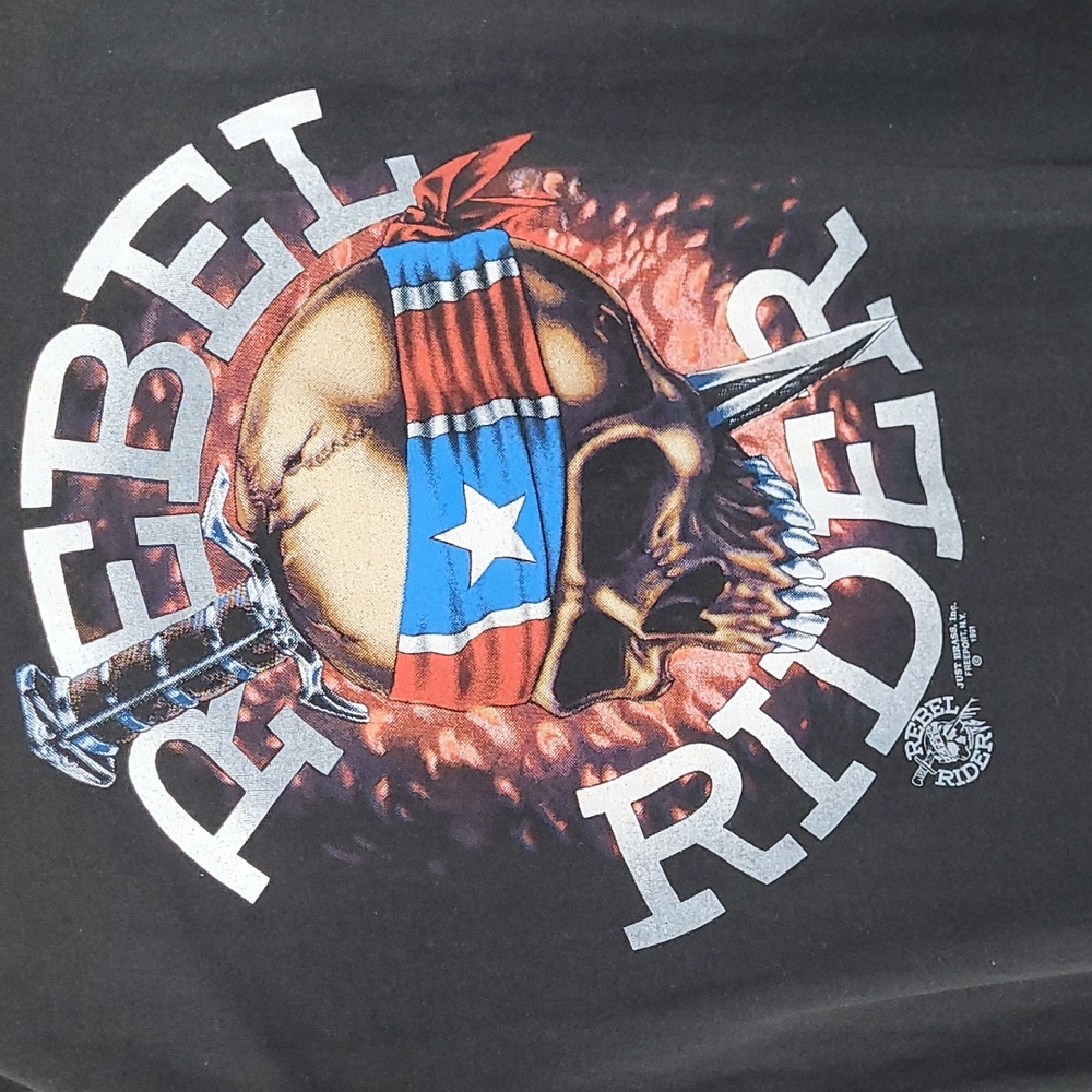 vintage 90s Rebel Rider Skull Motorcycle XL Just Brass t-shirt crew neck - Picture 2 of 7